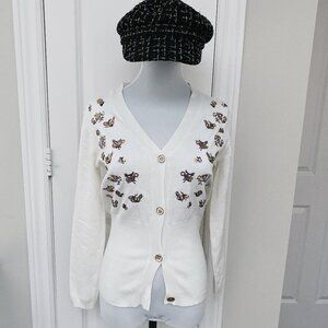 New White Embroidered Button Front Sweater Cardigan
